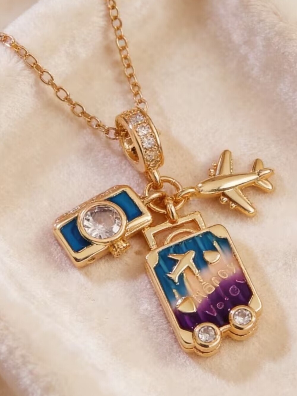 Travel Suitcase Charm Necklace Gold Airplane Passport Vacation Pendant Gift - Picture 3 of 14